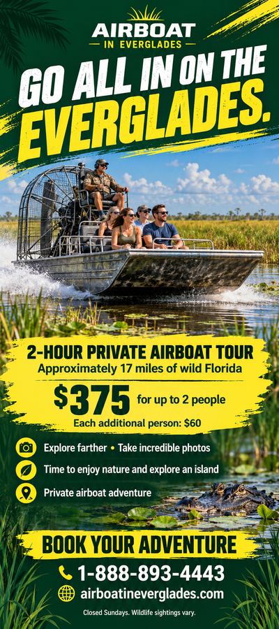 Airboat In Everglades flyer: Go all in on the Everglades: 2-hour private airboat tour, $375 for two