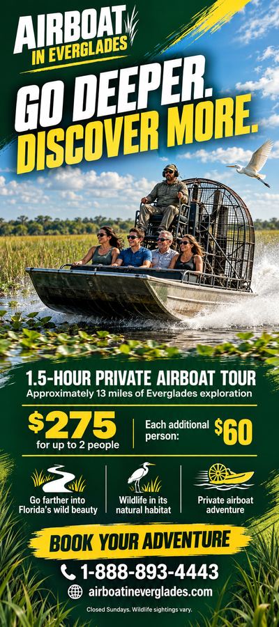 Airboat In Everglades flyer: Go deeper: 1.5-hour private airboat tour, $275 for up to 2 people