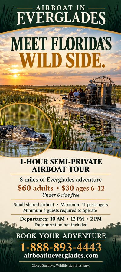 Airboat In Everglades flyer: 1-hour semi-private airboat tour, 8 miles, $60 adults, $30 ages 6-12, under 6 free