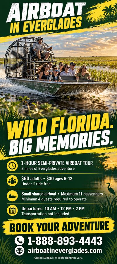 Airboat In Everglades flyer: 1-hour semi-private airboat tour, $60 adults, departures 10 AM, 12 PM and 2 PM