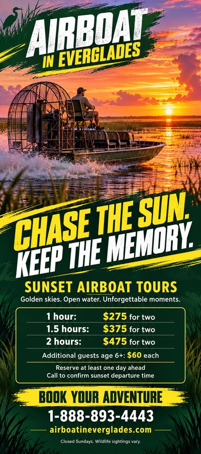 Airboat In Everglades flyer: Sunset airboat tours: 1 hour $275, 1.5 hours $375, 2 hours $475 for two