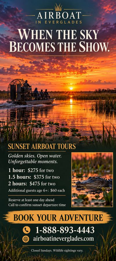 Airboat In Everglades flyer: Sunset airboat tours in the Everglades: 1, 1.5 or 2 hours, from $275 for two